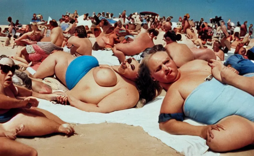 Image similar to 50s movie still: obese people sunbathing at the Polish seaside, by David Bailey, Cinestill 800t 50mm eastmancolor, heavy grainy picture, very detailed, high quality, 4k, HD criterion, precise texture, realistic human anatomy