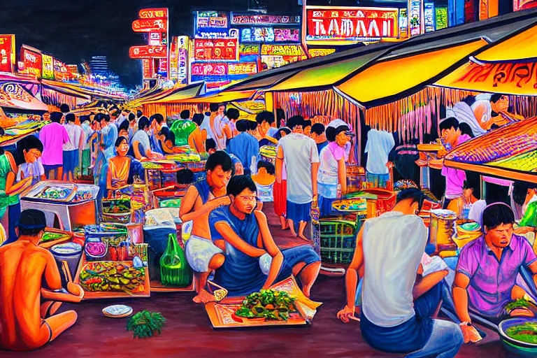 Prompt: detailed painting of Thai river night market, Bangkok, comic style, deep strokes, high quality