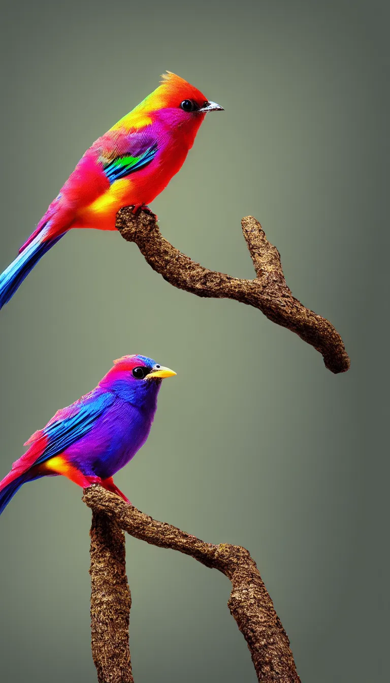 Prompt: highly detailed photo of beautiful colorful bird sitting on small tree, hyper realistic, concept art, 8 k detail post - processing