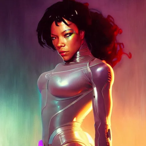 Image similar to cyborg Normani as aeon flux profile picture by Greg Rutkowski, dynamic pose, surreal, intricate, futuristic, fantasy, soft neon lighting, elegant, by Stanley Artgerm Lau, greg rutkowski, thomas kindkade, alphonse mucha, loish, norman Rockwell,