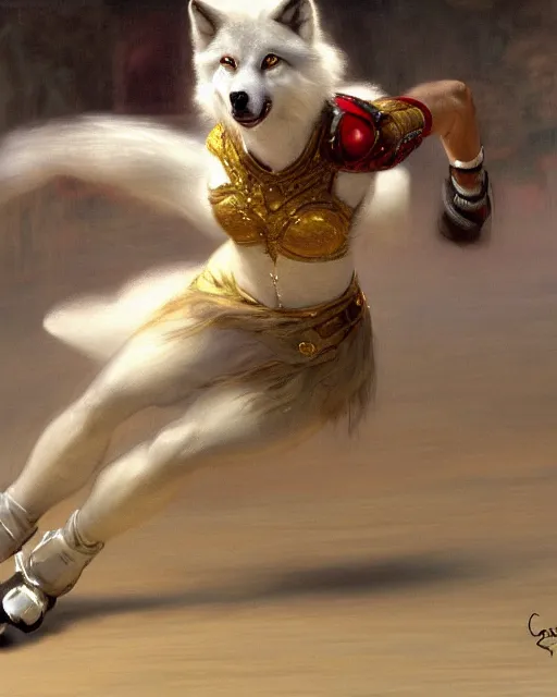 Image similar to white female anthro wolf skating at a roller derby, 4 k, furaffinity, trending on artstation, energetic, speed, motion blur, by gaston bussiere, craig mullins, j. c. leyendecker, gustav klimt, artgerm, greg rutkowski, alphonse mucha