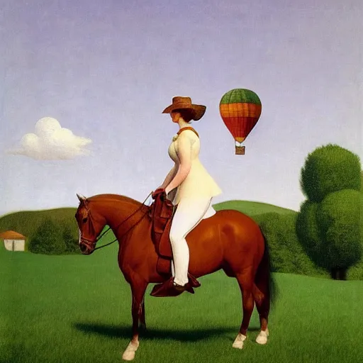 Prompt: a pure lady riding her horse, hot-air-balloon in the background, by Raphael, Hopper, and Rene Magritte. detailed, romantic, enchanting, trending on artstation.