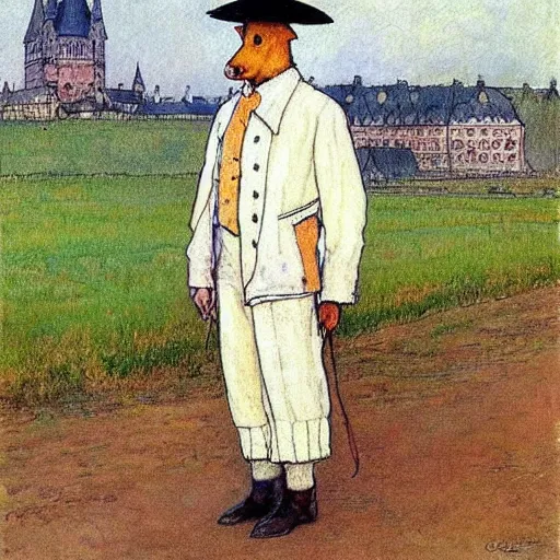 Image similar to painting by carl larsson, cow, dressed, anthropomorphic!!, wearing!!! clothes!!!, standing next to royal castle!!!