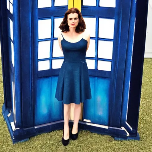 Image similar to a beautiful full body photograph of hayley atwell dressed as ( ( doctor who ) ) standing in front of the tardis, symmetrical face, extreme realism and detail, 8 k, completely framed, direct lighting, 3 5 mm photo, photorealistic, sharp focus