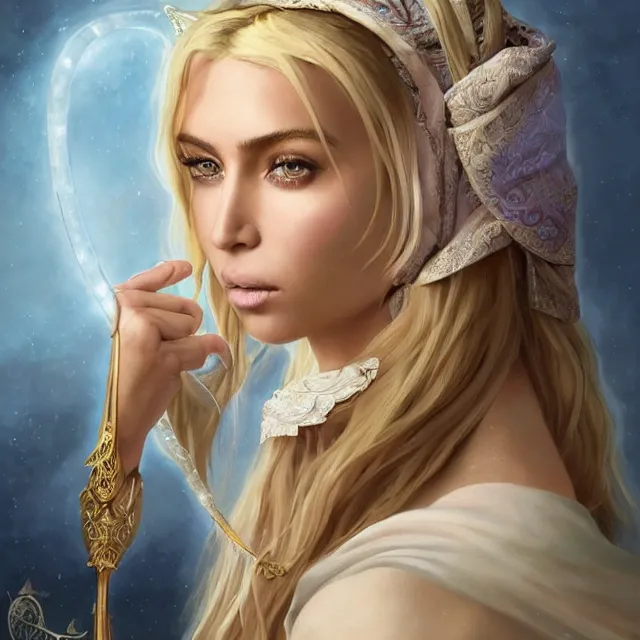 Prompt: Portrait of a magical kim kardashian cleric with kerchief covering her ears, casting a spell. Green eyes, blonde hair, porcelain skin, full lips, high slanted cheekbones. Fantasy art by artgerm and greg rutkowski and alphonse mucha, intricate, elegant, highly detailed, dramatic lighting, digital painting, concept art, illustration, award winning on artstation, D&D, AD&D.