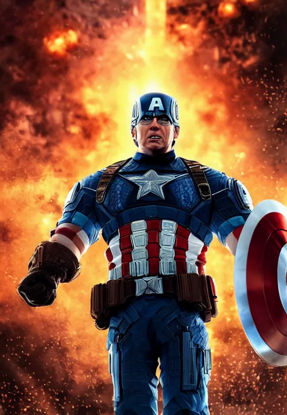 Image similar to Portrait of Donald Trump as captain america in Gears of War, splash art, movie still, cinematic lighting, dramatic, octane render, long lens, shallow depth of field, bokeh, anamorphic lens flare, 8k, hyper detailed, 35mm film grain