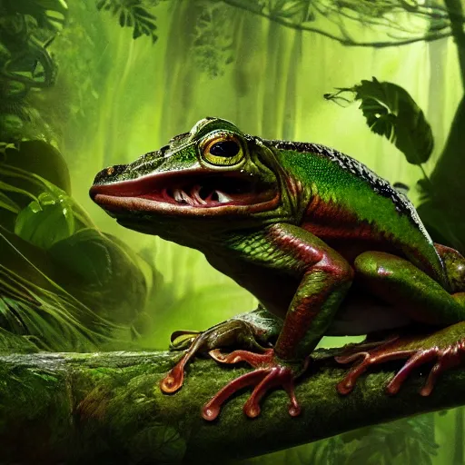 Image similar to an amphibian goblin in a rainforest, digital art, realistic, 8 k, matte painting, fantasy art, ultra detailed