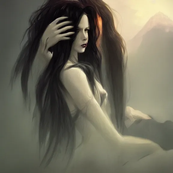 Prompt: long black hair vampire lord, mountains, illustration, concept art, chiaroscuro, field of depth, fantasy, grim, dark