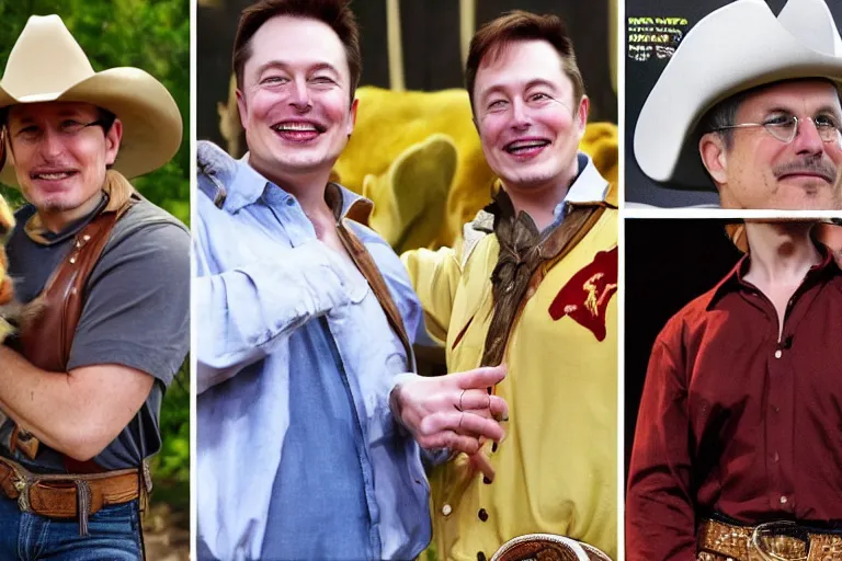 Image similar to apple dressed as cowboy costume, dog and cat, elon musk modeling with steve jobs