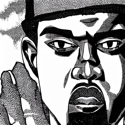 Image similar to manga panel of kanye west in the style of kentaro miura, 8 k, 4 k, masterpiece, trending on artstation