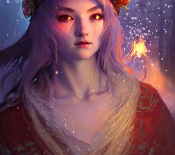 Image similar to beautiful ancient frost witch, fire in eye, snow glow, pool party, highly detailed, digital painting, artstation, sharp focus, illustration, art by tan zi and ayanamikodon and alphonse mucha and wlop!