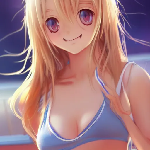 Prompt: a very beautiful young anime tennis girl, full body, long wavy blond hair, sky blue eyes, full round face, short smile, bikini, miniskirt, front view, medium shot, highly detailed, cinematic wallpaper by stanley artgerm lau