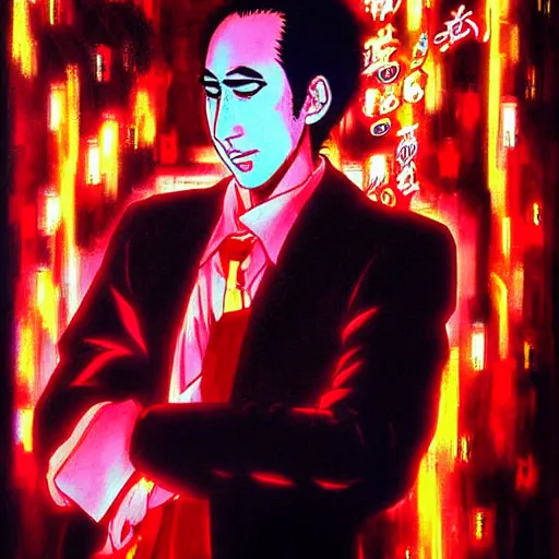 Image similar to beautiful amazing anime portrait painting of nicholas cage in tokyo. neon lights. by hayao miyazaki, katsuhiro otomo, akira toriyama, satoshi kon, eiichiro oda, hideaki anno