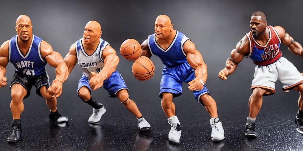 Image similar to wax figurines of Dwayne Johnson and Kevin Hart playing basketball