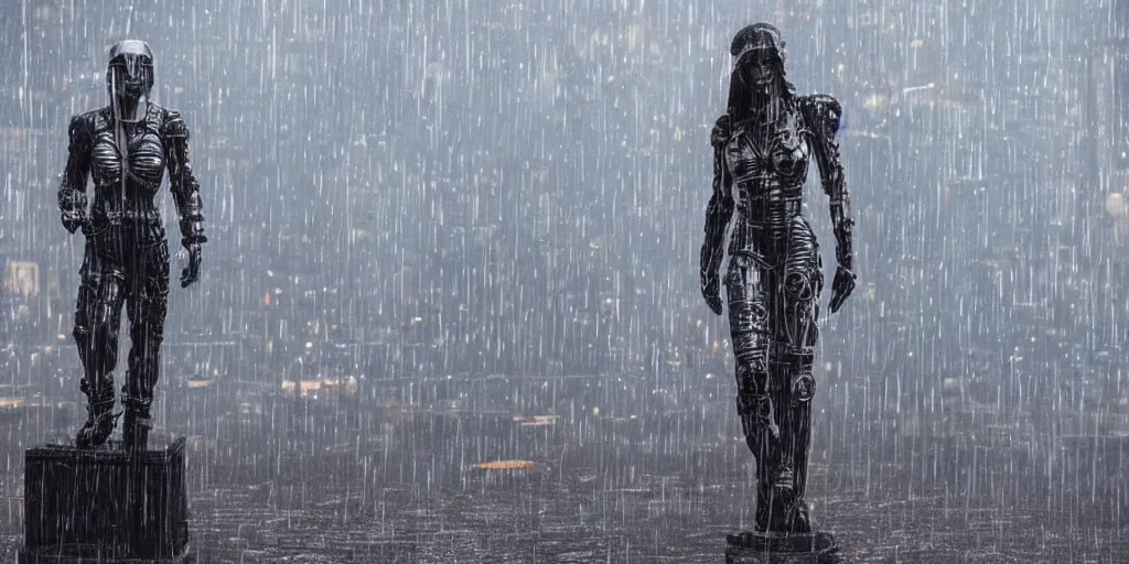 Image similar to cyberpunk statue, rain, space