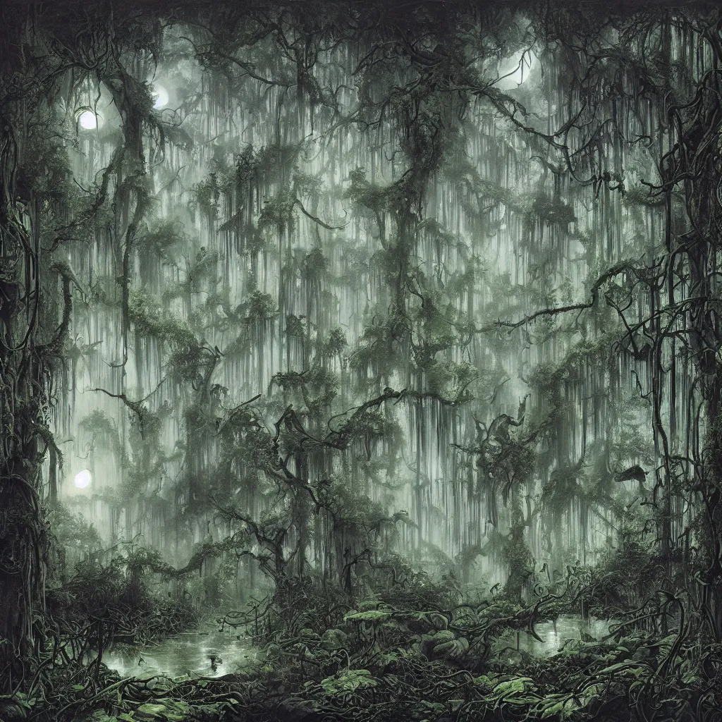 Image similar to a lush enchanted swampy forest at midnight, upward cinematic angle, heavy atmosphere, by Michael Kaluta, P. Craig Russell and Rodney Matthews, ghostly moonlight, stunning composition, intricate, elegant, digital art, hyperdetailed, mixed media painting, hyperrealistic, sharp focus, 8k