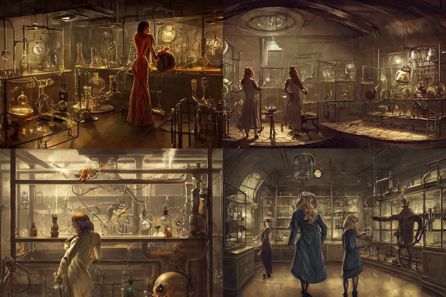 Prompt: a dark steampunk laboratory interior with strange creatures inside a display cases tended by a voluptuous woman in a labcoat as seen from the back in the afternoon with dusty atmosphere, painting by Sebastian Luca and Siraj from Artstation