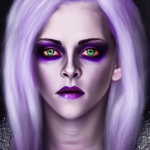 Image similar to Kristen Stewart as a Drow Elf wizard with white hair and purple skin. Photorealistic digital art.