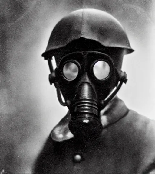 Prompt: man in a anti-radiation hazmat suit and optical gasmask, ww1 film photo, grainy, high detail, high resolution