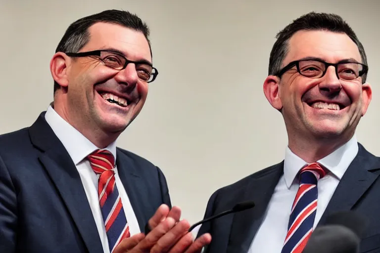 Image similar to Premier Daniel Andrews smiles as Melbourne city burns to the ground