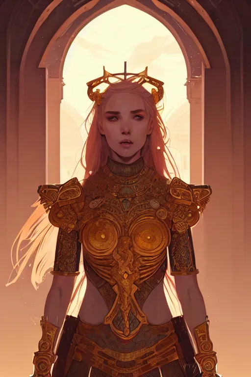 Image similar to portrait knights of zodiac girl, golden and copper shining armor, in ruined agora of athens sunrise, ssci - fi and fantasy, intricate and very very beautiful and elegant, highly detailed, digital painting, artstation, concept art, smooth and sharp focus, illustration, art by tian zi and wlop and ilya kuvshinov and alphonse mucha