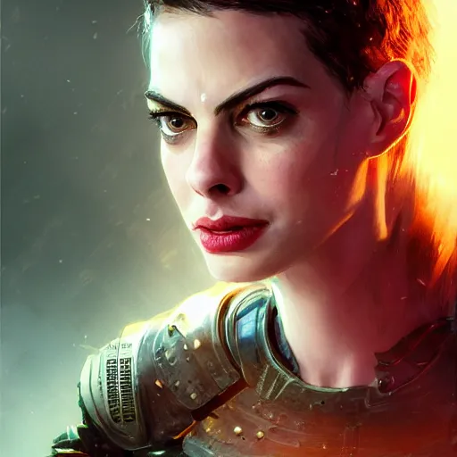 Image similar to ann hathaway portrait, dystopia core, apocalyptic, armor, warrior, dramatic, sharp focus, fiction, neon, fantasy, hyper detailed, digital art, trending in artstation, cinematic lighting, studio quality, smooth render, unreal engine 5 rendered, octane rendered, art style and nixeu and wlop and krenz cushart