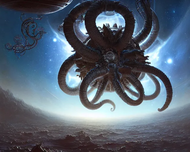 Image similar to a giant cosmic space kraken attacking an orbital space station, hyper realistic, volumetric lighting, intricately detailed, cosmic horror, Art station, Epic scale, art by Greg Rutkowski, art by Ruth Asawa, art by Ted Nasmith, art by H.R. Giger, Octane render, Unreal Engine 3D