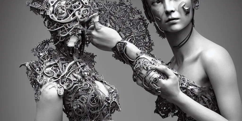 Image similar to hyper realistic photography of a stunningly cyborg female, intimate, holding hands, kissing, delicate fan of blades, in the style of beth cavener, jin kagetsu,, and wlop, highly detailed, intricate filigree, chrome face symmetry, masterpiece, award - winning, sharp focus, concept art, high key, ambient lighting, 8 k, octane render,