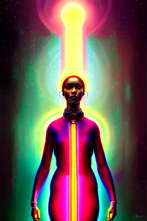 Image similar to patron saint of 🛸🌈👩🏾, futuristic clothing, neon god of city character portrait, in the style of moebius, tom bagshaw, and waterhouse, cinematic lighting, beautiful, elegant, oil painting,