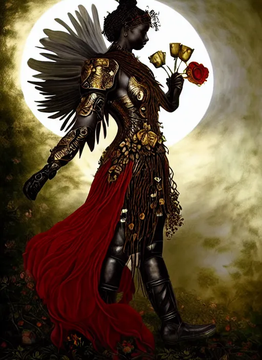 Prompt: warrior goddess of flora and fauna, black, woman goddess of the moon, long white hair, standing in the middle of the forest and birds, in leather gold by lee alexander mcqueen, iron armor, red boots, roses in her hands, very beautiful style, edgard maxens, raffaello, rembrandt diego rodriguez de silva y velazquez ;