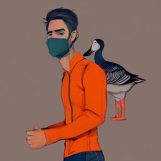 Image similar to man in orange shirt zip - up a goose, artstation