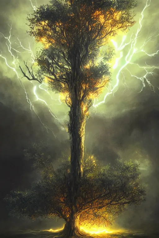 Image similar to a tree with lightning leaves, overexposure, electricity, night, unreal engine, digital art, 8 k, oil painting, fantasy art, illustration, detailed and intricate environment