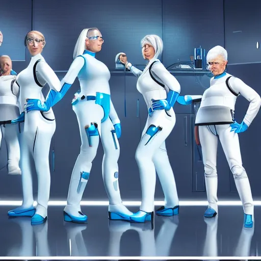 Image similar to line of six women of varying heights and body shapes, white hair, tight light blue neopren space uniforms, futuristic chemistry lab, sci - fi, highly detailed, cinematic