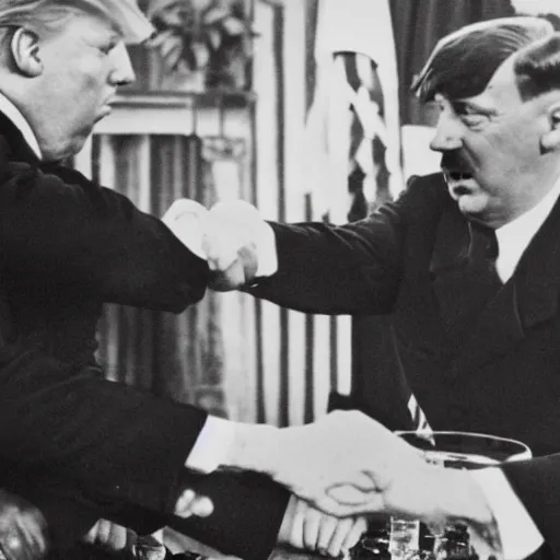 Prompt: donald trump shaking hands with adolf hitler, photography, hyper realism, germany, ww2, 8k,