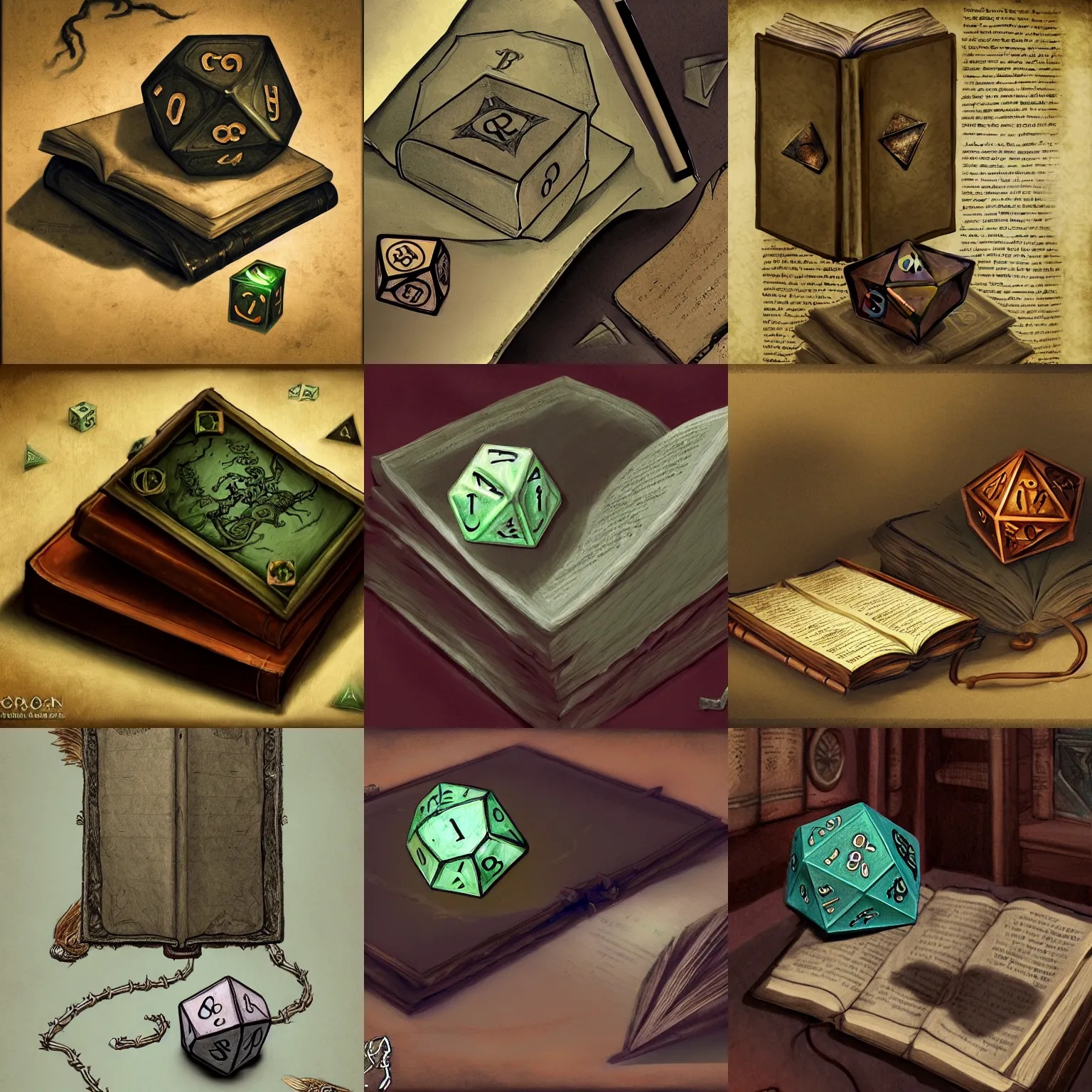 Prompt: ancient Book and d20 dice, arkham horror art by John Pacer and olivia mcbride, digital painting, artstation, smooth, sharp focus, illustration