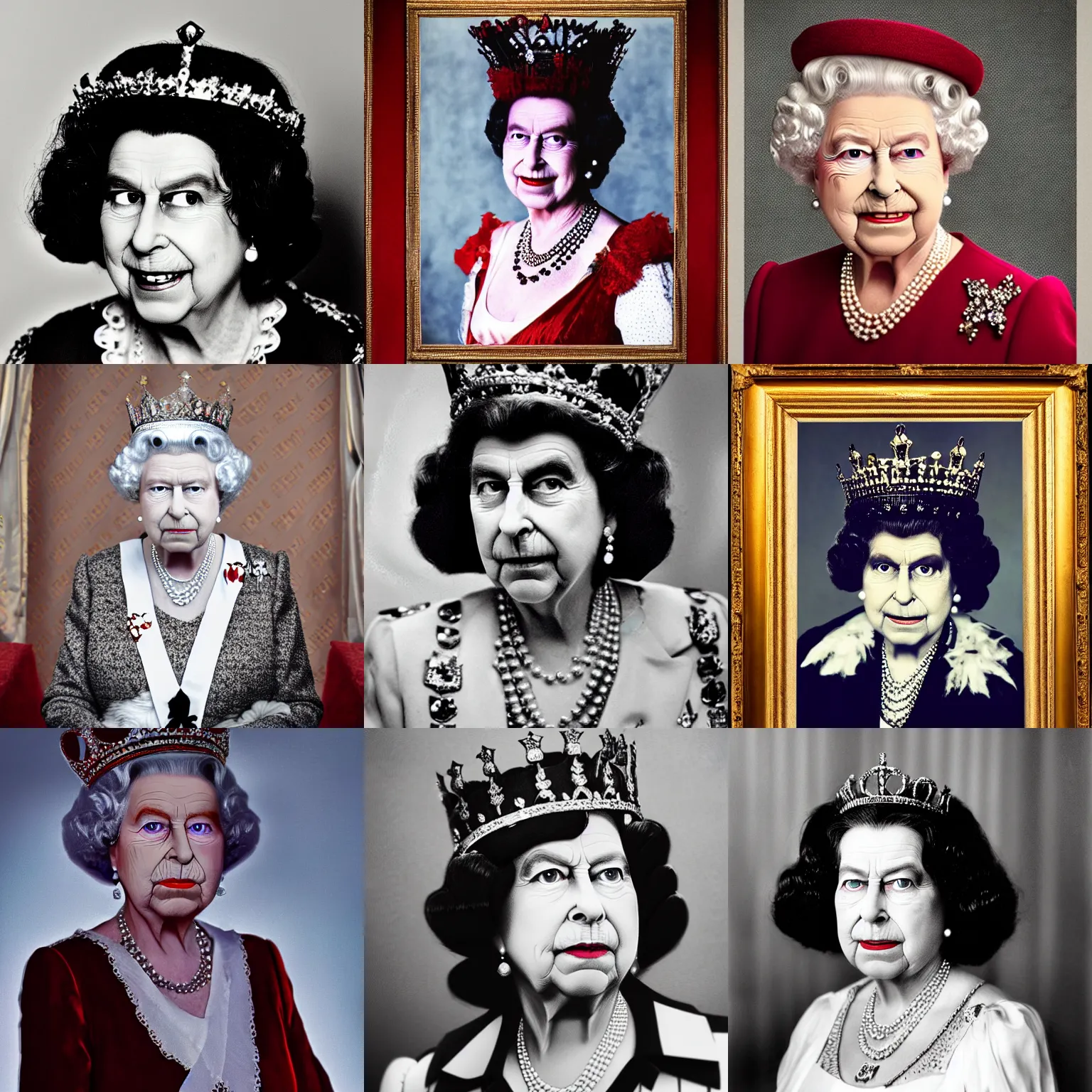 Prompt: Queen Elizabeth as Alice Cooper, portrait photograph, depth of field, bokey