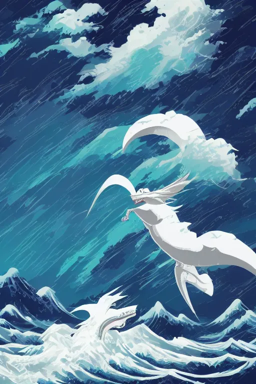 Prompt: Japanese poster art of a white dragon flying in front of a stormy sea during a thunderstorm, cliffs, clouds, thunder adobe illustrator, graphic design 4k, colourful, abstract design,