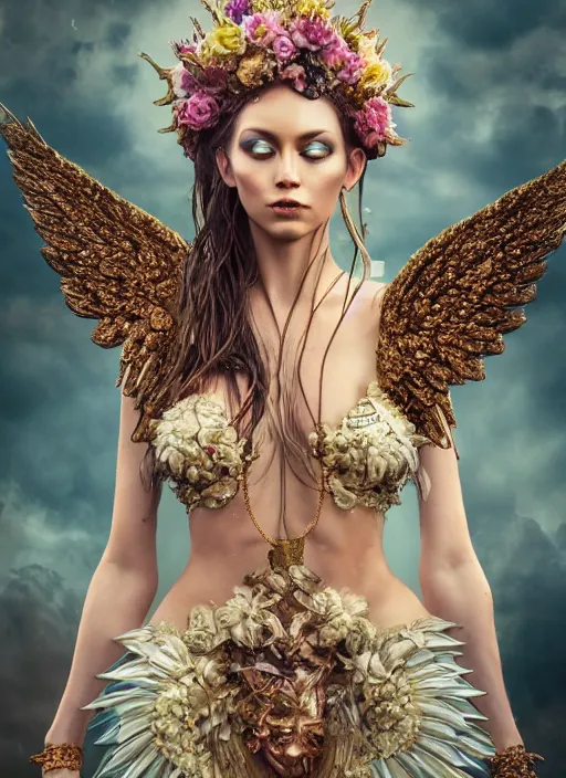 Image similar to expressive full body photo of a female model as beautiful angel, ornate headpiece made from flowers, ornaments, glamour shot, by karol bak, by stefan gesell, octane render, unreal engine, photorealistic, canon r 3, fashion photography, studio shot, realistic skin tone