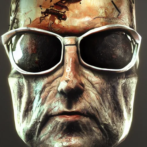 Prompt: a beautiful marshal josip broz tito head made of mech mask rendered in unreal engine, cyberpunk, dark scifi, painted by david burliuk, bernard buffet and carne griffiths