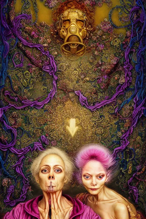 Prompt: Two skinny old people draped in silky gold, green and pink, gas masks connected to theirs hearts, inside an ornate, abandoned hospital room, they sit next to a fireplace with swirling blue flames, the world is insane, lost in despair, Ayami Kojima, Karol Bak, Greg Hildebrandt, mark brooks, hauntingly surreal, highly detailed painting by Mariko Mori, part by James Jean, Jenny Saville, Soft light 4K