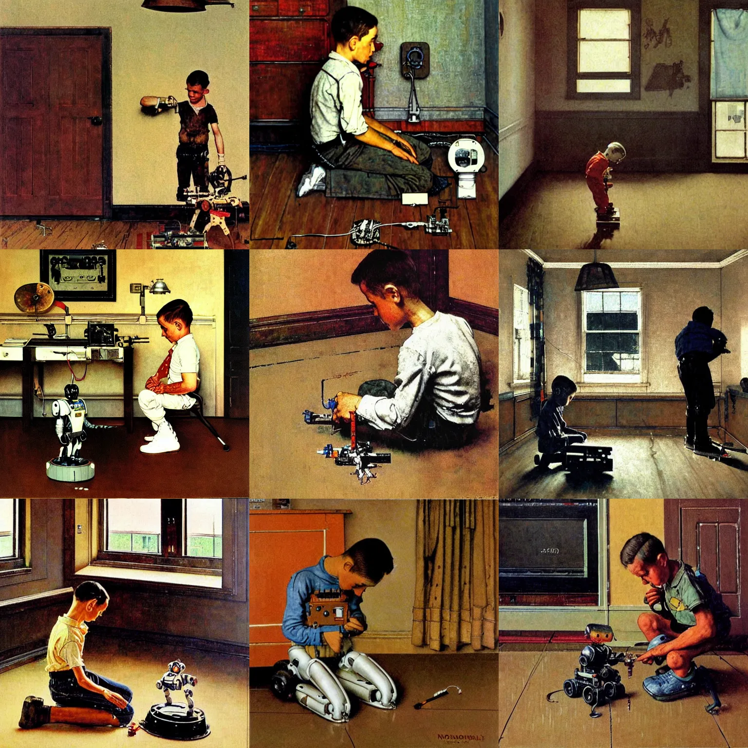 Prompt: a boy fixing his robot in an empty room, painting by Norman Rockwell,