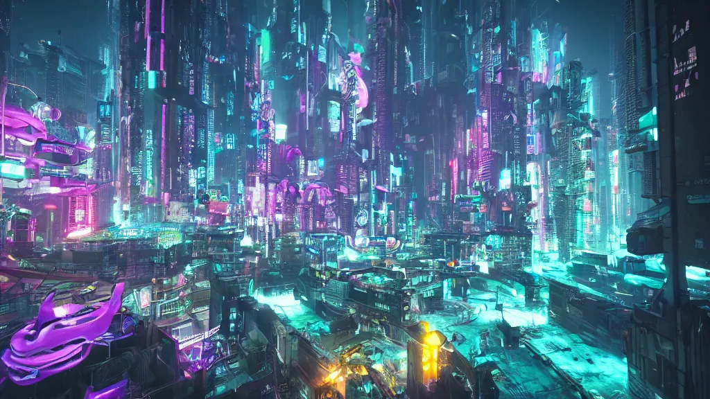 Image similar to cyberpunk city built underwater, nighttime, fluorescent led, made in blender, octane render, cinematic, volumetric lighting, futuristic,, hyperrealistic, highly detailed, colourful 4 k hd