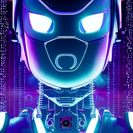 Image similar to Head of a robot with purple glowing eyes in cyberpunk neon Tokyo in style of Tsutomu Nihei. Cyberpunk, vertical symmetry, 8K, Highly Detailed, Intricate.