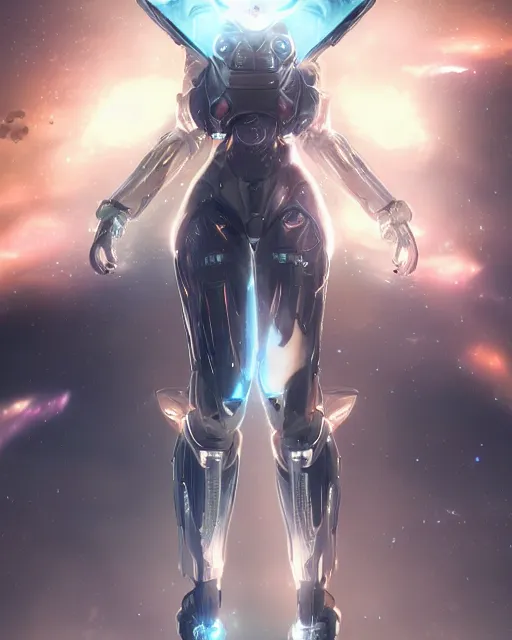 Image similar to photo of a android girl on a mothership, warframe armor, beautiful face, scifi, nebula reflections, futuristic background, dreamy, long white hair, blue android eyes, glowing, 8 k high definition, insanely detailed, intricate, innocent, art by akihiko yoshida, antilous chao, li zixin, woo kim