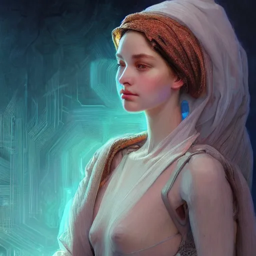 Image similar to portrait of a humanoid robot wearing a veil, mystic, mystical, robot body, intricate, headshot, highly detailed, digital painting, artstation, concept art, sharp focus, cinematic lighting, digital painting, art by artgerm and greg rutkowski, alphonse mucha, cgsociety