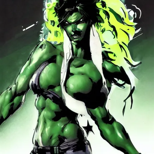 Prompt: She Hulk portrait by Yoji Shinkawa and Ashley Wood