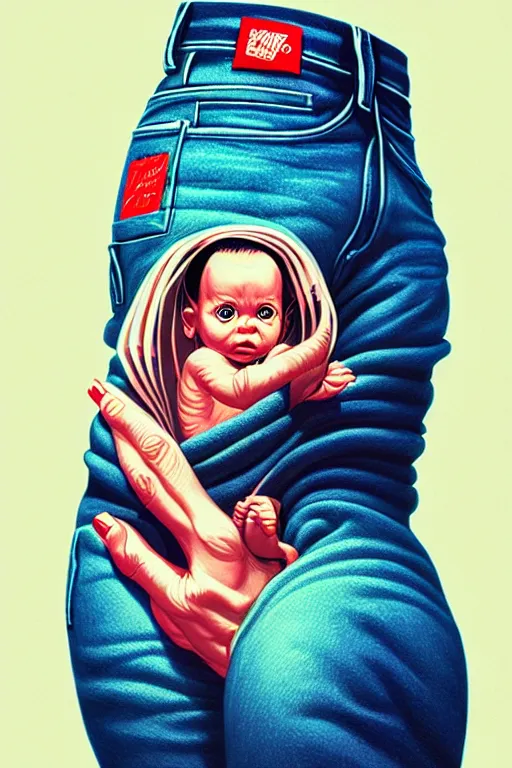 Prompt: a baby in a jeans pocket, tristan eaton, victo ngai, artgerm, rhads, ross draws