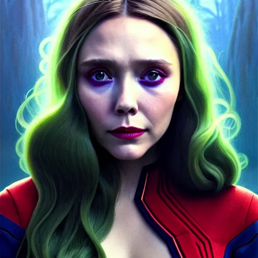 Image similar to portrait painting of elizabeth olsen wanda maximoff with green skin and pointy ears wearing sci - fi clothes, ultra realistic, concept art, intricate details, eerie, highly detailed, photorealistic, octane render, 8 k, unreal engine. art by artgerm and greg rutkowski and charlie bowater and magali villeneuve and alphonse mucha