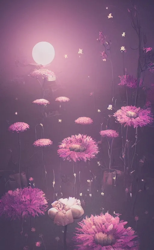 Image similar to surreal flowers under the moonlight, soft render, volumetric lighting, 3d grainy aesthetic illustration, editorial magazine cover