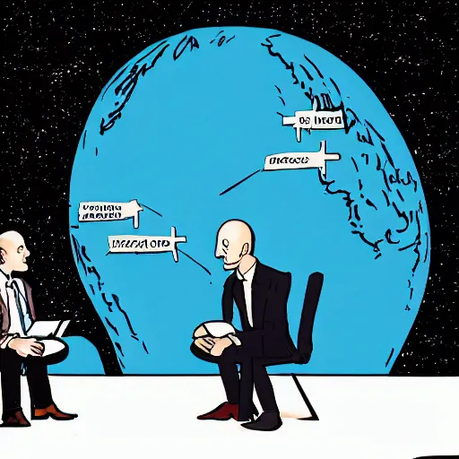 Image similar to illustration of a meeting between elon musk, mark zuckenberg, jeff bezos, very detailled, by artgem